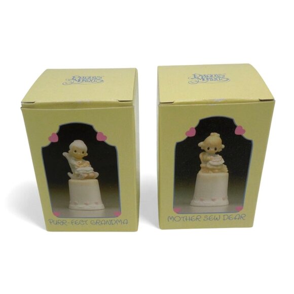 Precious Moments THIMBLE SET Purr-fect Grandma & Mother Sew Dear 80s Vintage - Picture 9 of 12